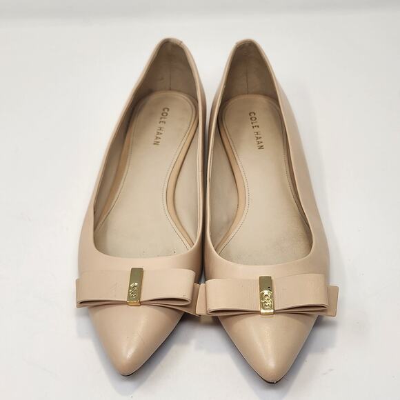 Cole Haan Tali Bow Skimmer Nude Leather Ballet Flats Size 7B Pointed Toe Shoes - Picture 2 of 9